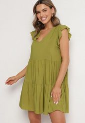 Zielona Rozkloszowana Sukienka z Bawełny Ozdobiona Falbankami Natiriane. Zielone sukienki Born2be, na co dzień, l, bez wzorów, z bawełny, eleganckie, bez kołnierzyka, bez ramiączek, mini, rozkloszowane. Za 69.99 zł.