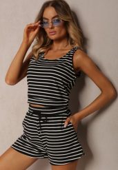 Czarne Szorty Dresowe High Waist z Bawełny w Paski Ściągane Troczkiem Celisea. Czarne szorty Renee, bez wzorów, z bawełny, z podwyższonym stanem. W wyprzedaży za 67.99 zł.