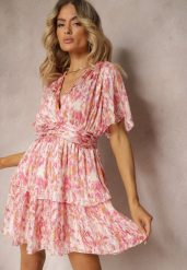Różowa Krótka Sukienka o Rozkloszowanym Fasonie z Falbanką i Marszczeniami Ellajo. Czerwone sukienki Renee, na co dzień, l, bez wzorów, wizytowe, bez kołnierzyka, bez ramiączek, mini, proste. Za 159.99 zł.
