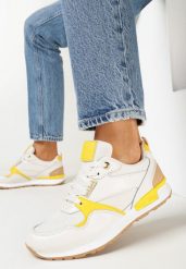 Biało-Żółte Sneakersy z Cholewką przed Kostkę i Ozdobnymi Przeszyciami Elsinaine. Białe buty sportowe lifestyle Born2be, bez wzorów, sportowe, przed kostkę, bez zapięcia. W wyprzedaży za 76.49 zł.