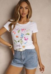 Biały T-shirt z Bawełny Zdobiony Nadrukiem Zarinel. Czerwone t-shirty Renee, l, z aplikacjami, z bawełny, eleganckie, bez kołnierzyka, bez ramiączek. W wyprzedaży za 27.99 zł.