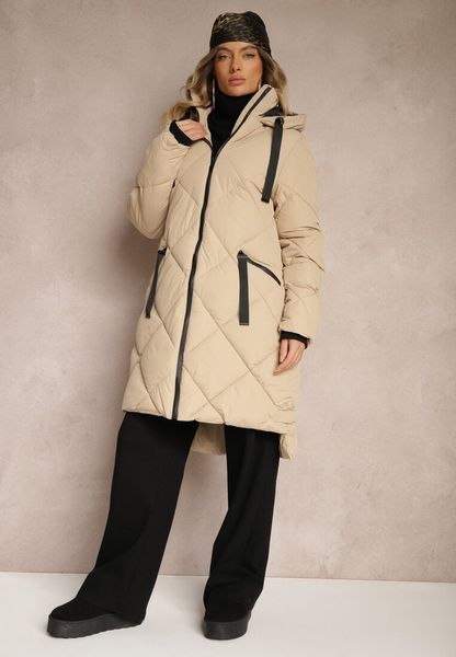 Ciemnobeżowa Pikowana Kurtka z Przeszyciem w Kratę Kapturem i Kieszeniami Zenetta. Brązowe kurtki Renee, l, bez wzorów, z jeansu, eleganckie, z kapturem. Za 179.99 zł.