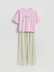 Dwuczęściowa piżama z bawełny - jasnozielony. Zielone piżamy Reserved, l, bez wzorów, z bawełny, bez kołnierzyka, bez ramiączek. Za 129.99 zł.