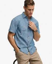 Superdry Koszula Vintage Loom krótki rękaw z organicznej bawełny. Niebieskie koszule Superdry, xl, bez wzorów, z bawełny, vintage, bez kołnierzyka, bez ramiączek. Za 314.00 zł.