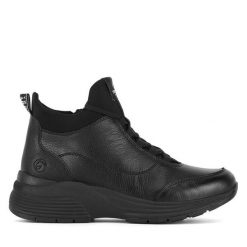 Trzewiki Remonte. Czarne botki Remonte, bez wzorów, bez obcasa, na płaskiej podeszwie, bez zapięcia. Za 299.99 zł.