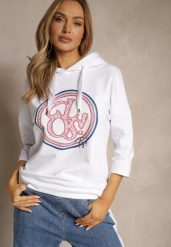 Biała Bluza z Kapturem Ozdobnym Nadrukiem i Rękawami 3/4 Saniressa. Białe bluzy Renee, l, bez wzorów, z jeansu, z kapturem. W wyprzedaży za 79.99 zł.
