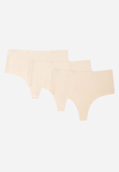Beżowe 3-Pack Majtki Bezszwowe Typu Stringi High Waist Cinossa. Brązowe stringi Renee, bez wzorów, z satyny. Za 49.99 zł.