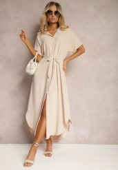 Beżowa Koszulowa Sukienka z Wiskozy z Materiałowym Paskiem w Talii Gialara. Brązowe sukienki Renee, na co dzień, l, bez wzorów, z materiału, eleganckie, bez kołnierzyka, bez ramiączek, maxi, koszulowe. W wyprzedaży za 67.99 zł.