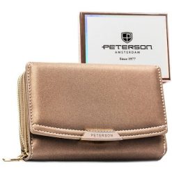 Beżowy portfel damski ze skóry ekologicznej zamykany na zatrzask i suwak - Peterson. Brązowe portfele Peterson, bez wzorów, ze skóry ekologicznej. Za 94.99 zł.