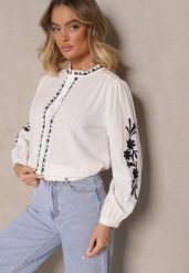 Biało-Niebieska Koszula z Bawełny z Okrągłym Dekoltem i Haftowanym Zdobieniem Gonadiel. Białe koszule Renee, l, z aplikacjami, z bawełny, eleganckie, bez kołnierzyka, bez ramiączek. W wyprzedaży za 83.99 zł.