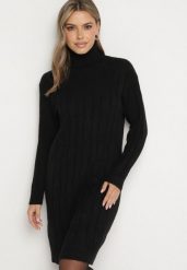 Czarna Sweterkowa Sukienka z Golfem Wełną i Bawełną Ozdobiona Splotem Reiania. Czarne sukienki Born2be, do pracy, bez wzorów, z bawełny, biznesowe, bez kołnierzyka, bez ramiączek, proste. Za 79.99 zł.