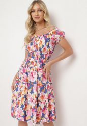 Niebiesko-Różowa Rozkloszowana Bawełniana Sukienka z Gumką w Pasie i Ozdobnymi Guzikami Nelsie. Niebieskie sukienki Born2be, na co dzień, s, bez wzorów, z bawełny, eleganckie, bez kołnierzyka, bez ramiączek, mini, rozkloszowane. Za 49.99 zł.