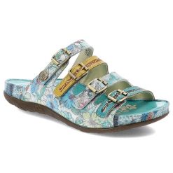 Klapki damskie Laura Vita, skórzane na płaskiej podeszwie z miękkimi wkładkami klasyczne z klamrami, turkusowe, Lillo-5025-CX1933-50. Niebieskie klapki LAURA VITA, z aplikacjami, klasyczne, bez obcasa, na płaskiej podeszwie, bez zapięcia. Za 269.00 zł.