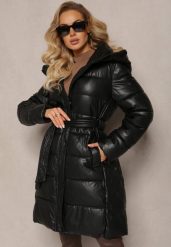 Czarna Wiskozowa Kurtka z Imitacji Skóry z Ozdobnym Pikowaniem z Paskiem i Kapturem Gersja. Czarne kurtki Renee, l, bez wzorów, ze skóry. W wyprzedaży za 216.99 zł.
