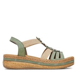 Sandały Rieker. Zielone sandały Rieker, bez wzorów, bez obcasa, na koturnie, bez zapięcia. Za 339.99 zł.