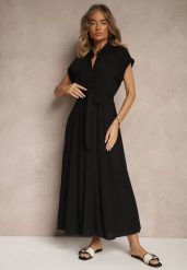 Czarna Koszulowa Sukienka z Wiskozy z Paskiem Rinaira. Czarne sukienki Renee, na co dzień, l, bez wzorów, z materiału, eleganckie, bez kołnierzyka, bez ramiączek, maxi, koszulowe. W wyprzedaży za 111.99 zł.
