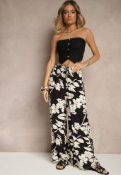 Czarne Szerokie Spodnie z Wiskozy High Waist w Kwiatowy Wzór Elaneora. Czarne jeansy Renee, bez wzorów, z jeansu, eleganckie, z podwyższonym stanem. W wyprzedaży za 29.99 zł.