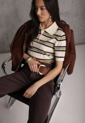 Zielono-Kremowy T-shirt Polo z Wiskozą w Paski z Guzikami Vevevia. Zielone t-shirty sportowe Renee, m, bez wzorów, z jeansu, bez ramiączek. Za 109.99 zł.