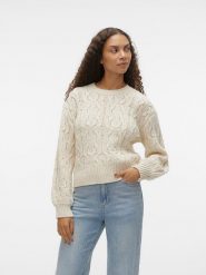 Vero Moda Sweter w kolorze kremowym rozmiar: XS. Brązowe swetry Vero Moda, xs, bez wzorów, ze splotem, bez ramiączek. Za 70.41 zł.