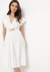Biała Rozkloszowana Sukienka Midi z Kopertową Górą i Plisowanym Dołem Alissu. Białe sukienki Born2be, l, bez wzorów, eleganckie, bez kołnierzyka, bez ramiączek, midi, kopertowe. W wyprzedaży za 42.49 zł.