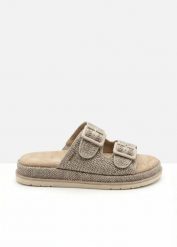 Klapki Tom Tailor na platformie o wyglądzie szydełkowanym. Brązowe klapki bonprix, bez wzorów, eleganckie, bez obcasa, na platformie, bez zapięcia. Za 209.99 zł.