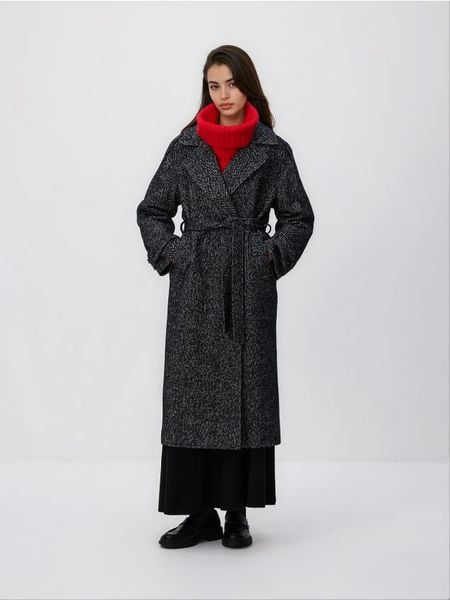 Wiązany płaszcz z wełną - czarny. Czarne płaszcze Reserved, l, bez wzorów, z tkaniny, bez kaptura. Za 359.99 zł.