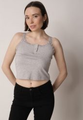 Szary Top z Bawełny Ozdobiony Guzikami i Koronką przy Dekolcie Beralie. Szare topy Born2be, m, bez wzorów, z bawełny, eleganckie, bez kołnierzyka, bez ramiączek. Za 39.99 zł.