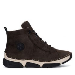 Botki Rieker. Brązowe botki Rieker, bez wzorów, bez obcasa, na płaskiej podeszwie, bez zapięcia. Za 265.99 zł.