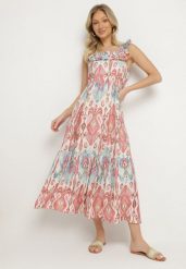 Różowa Rozkloszowana Sukienka z Wiskozą Wiązana na Plecach w Print Boho Turielia. Czerwone sukienki Born2be, na spacer, l, bez wzorów, z wiskozy, boho, bez kołnierzyka, bez ramiączek, maxi, rozkloszowane. Za 89.99 zł.