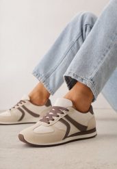 Beżowe Sneakersy Sportowe z Imitacji Zamszu z Geometrycznymi Wstawkami Shanoom. Brązowe buty sportowe lifestyle Born2be, bez wzorów, z dzianiny, casualowe, bez zapięcia. Za 119.99 zł.