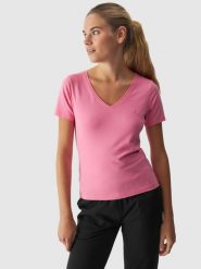 4F T-shirt slim gładki damski - różowy M. Czerwone t-shirty 4f, m, bez wzorów, z bawełny, klasyczne, bez kołnierzyka, bez ramiączek. W wyprzedaży za 29.99 zł.