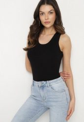 Czarny Top z Modalem i Wiskozą Sanilatia. Czarne topy Born2be, m, bez wzorów, z jeansu, eleganckie, bez kołnierzyka, bez ramiączek. Za 109.99 zł.