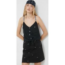Tommy Jeans top damski kolor czarny. Czarne topy Tommy Jeans, m, bez wzorów, z jeansu, bez kołnierzyka, bez ramiączek. W wyprzedaży za 134.99 zł.