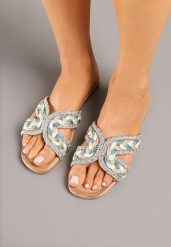 Zielono-Beżowe Klapki z Plecionką w Stylu Boho Felmirella. Zielone klapki Born2be, bez wzorów, z jeansu, boho, bez obcasa, na płaskiej podeszwie, bez zapięcia. Za 69.99 zł.