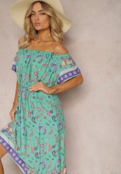 Zielona Pudełkowa Sukienka z Bawełny we Wzór Paisley z Hiszpańskim Dekoltem Veranica. Zielone sukienki Renee, xl, bez wzorów, z bawełny, bez kołnierzyka, bez ramiączek, midi. W wyprzedaży za 48.99 zł.