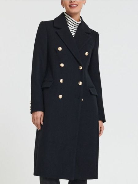 Płaszcz dwurzędowy - granatowy. Niebieskie płaszcze Sinsay, l, bez wzorów, eleganckie, bez kaptura. Za 149.99 zł.