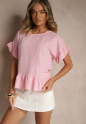 Różowa Bluzka Oversize Ozdobiona Falbanami Liriele. Czerwone bluzki Renee, bez wzorów, z jeansu, bez kołnierzyka, bez ramiączek. W wyprzedaży za 47.99 zł.
