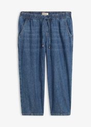 Jeansy barrel, mid waist, cropped. Niebieskie jeansy bonprix, bez wzorów, z jeansu. Za 124.99 zł.