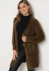Brązowy Niezapinany Kardigan z Wełną i Wsuwanymi Kieszeniami Riabelle. Brązowe swetry Born2be, bez wzorów, z jeansu, eleganckie, bez ramiączek. W wyprzedaży za 93.49 zł.