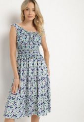 Biało-Niebieska Sukienka Bawełniana Rozkloszowana w Kwiaty z Guzikami Ronzea. Białe sukienki Born2be, na spacer, l, bez wzorów, z bawełny, eleganckie, bez kołnierzyka, bez ramiączek, midi, rozkloszowane. Za 69.99 zł.