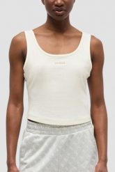 GUESS Kremowy damski tank top Circe, Rozmiar L. Brązowe topy Guess, l, z aplikacjami, prążkowane, bez kołnierzyka, bez ramiączek. W wyprzedaży za 179.99 zł.