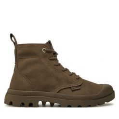 Trapery Palladium. Brązowe traperki Palladium, bez wzorów, bez obcasa, bez zapięcia. Za 519.99 zł.