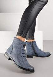 Niebieskie Botki Trzewiki z Metalicznymi Klamrami Asanella. Niebieskie botki Born2be, bez wzorów, z jeansu, bez obcasa, na płaskiej podeszwie, bez zapięcia. Za 139.99 zł.
