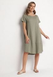 Zielona Rozkloszowana Wiskozowa Sukienka Trivoria. Zielone sukienki Born2be, na co dzień, l, bez wzorów, z materiału, eleganckie, bez kołnierzyka, bez ramiączek, midi, rozkloszowane. Za 89.99 zł.