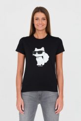 KARL LAGERFELD Czarny t-shirt z kotem. Czarne t-shirty KARL LAGERFELD, s, bez wzorów, bez kołnierzyka, bez ramiączek. W wyprzedaży za 197.99 zł.