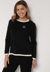 Czarny Sweter Ozdobiony Paskami i Aplikacją Tusanne. Czarne swetry Born2be, uniwersalny, z aplikacjami, z jeansu, eleganckie, bez ramiączek. Za 79.99 zł.