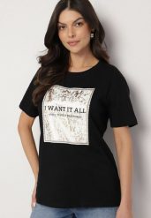 Czarny Bawełniany T-shirt Ozdobiony Nadrukiem Nelltaria. Czarne t-shirty Born2be, m, bez wzorów, z bawełny, eleganckie, bez kołnierzyka, bez ramiączek. W wyprzedaży za 38.24 zł.