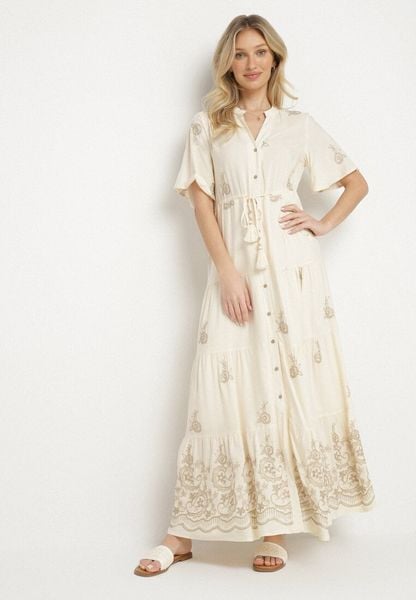 Beżowa Wiskozowa Sukienka Boho o Rozkloszowanym Kroju z Haftem i Wiązaniem Lilvanis. Brązowe sukienki Born2be, na co dzień, l, bez wzorów, z jeansu, boho, bez kołnierzyka, bez ramiączek, maxi, rozkloszowane. Za 159.99 zł.