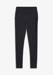 Wygodne legginsy sportowe z kieszonką na telefon, szybkoschnące. Czarne legginsy bonprix, bez wzorów, z materiału, sportowe. Za 97.99 zł.