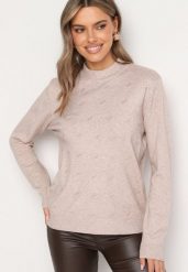 Jasnobeżowy Sweter o Klasycznym Fasonie z Ozdobnymi Cyrkoniami Irithra. Brązowe swetry Born2be, bez wzorów, eleganckie, bez ramiączek. W wyprzedaży za 59.49 zł.